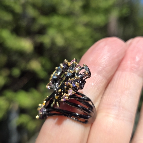 πHOST PICK π Blue Topaz Lolite & Amethyst Sterling Rhodium & Gold ring sz6.75 - Picture 10 of 13